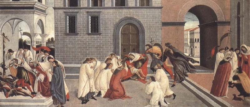 Sandro Botticelli Three Miracles of St Zanobius:driving the demon out of two youths,reviving a dead child,restoring sight to a blind man oil painting image